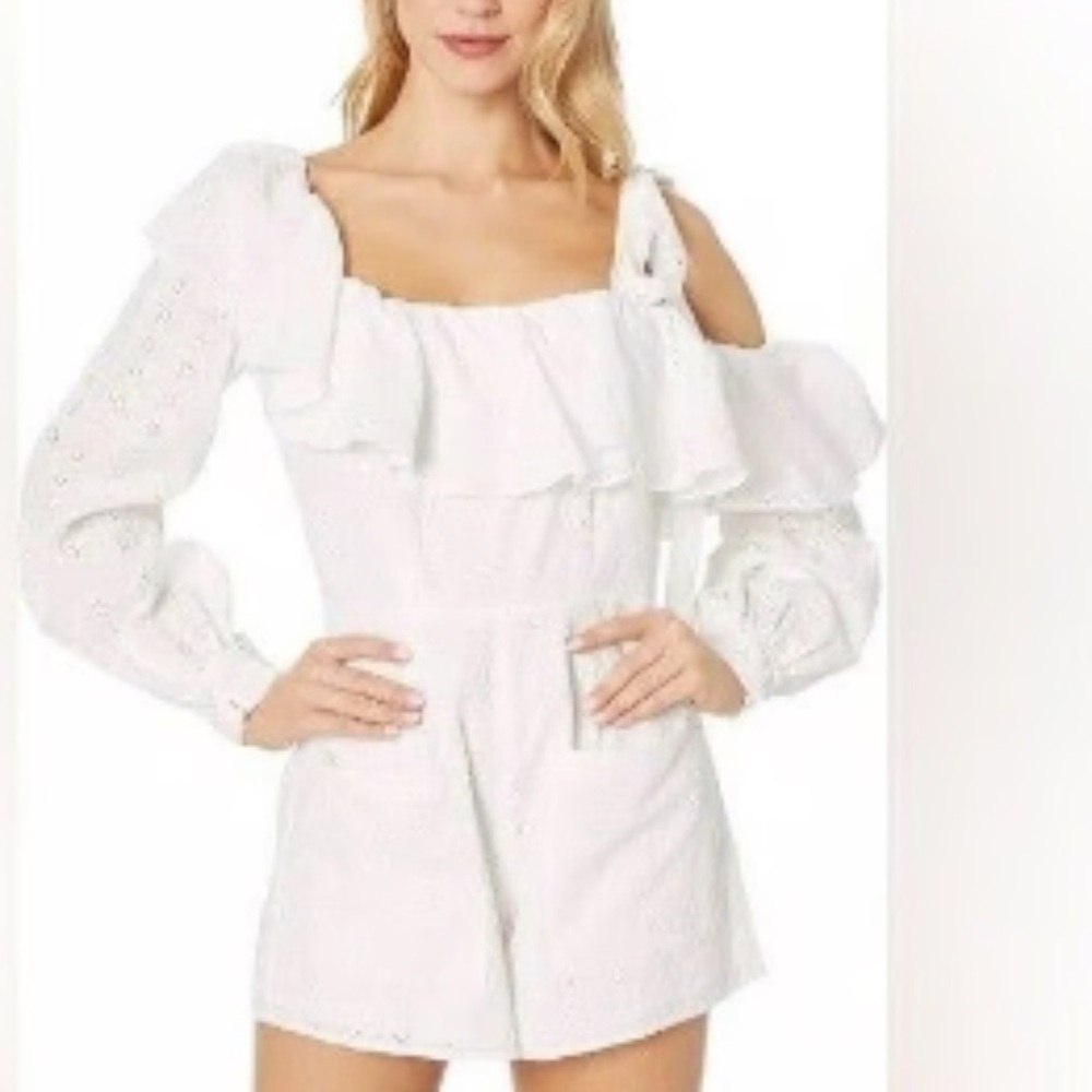For Love & Lemons White Eyelet Ruffle
Off-Shoulder Romper XS